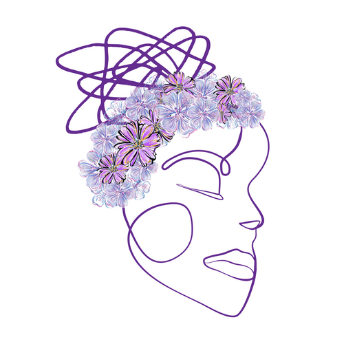 Anxiety Sticker: An abstract one-line woman face with a purple flowery tiara. On top is a fierce scribble pattern symbolizing anxiety.  