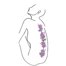 Load image into Gallery viewer, A line-shaping figure of the lady sitting on the ground with her knees bent, hugging her legs, looking up, and giving her back. A line of purple flowers goes down her middle back. 
