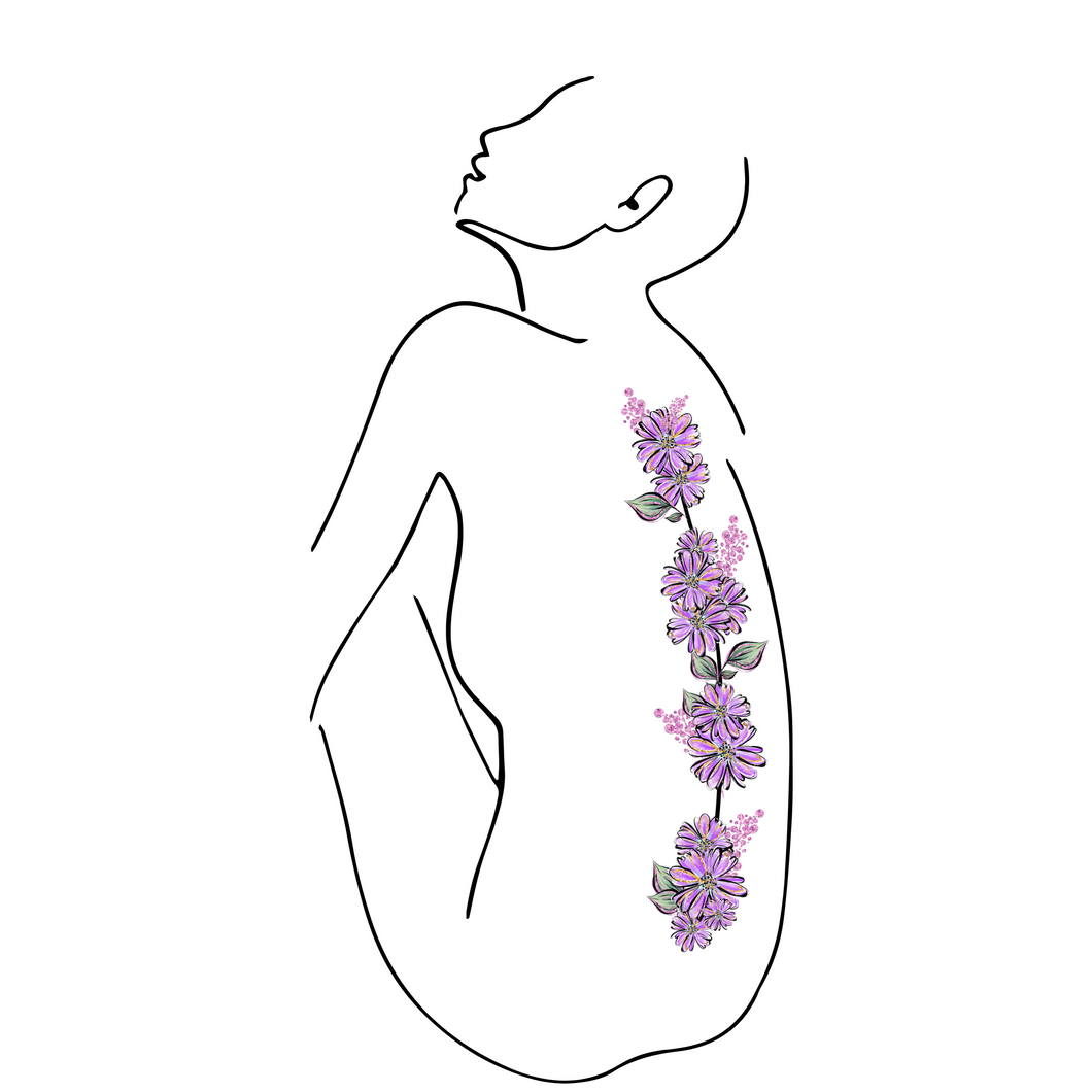 A line-shaping figure of the lady sitting on the ground with her knees bent, hugging her legs, looking up, and giving her back. A line of purple flowers goes down her middle back. 