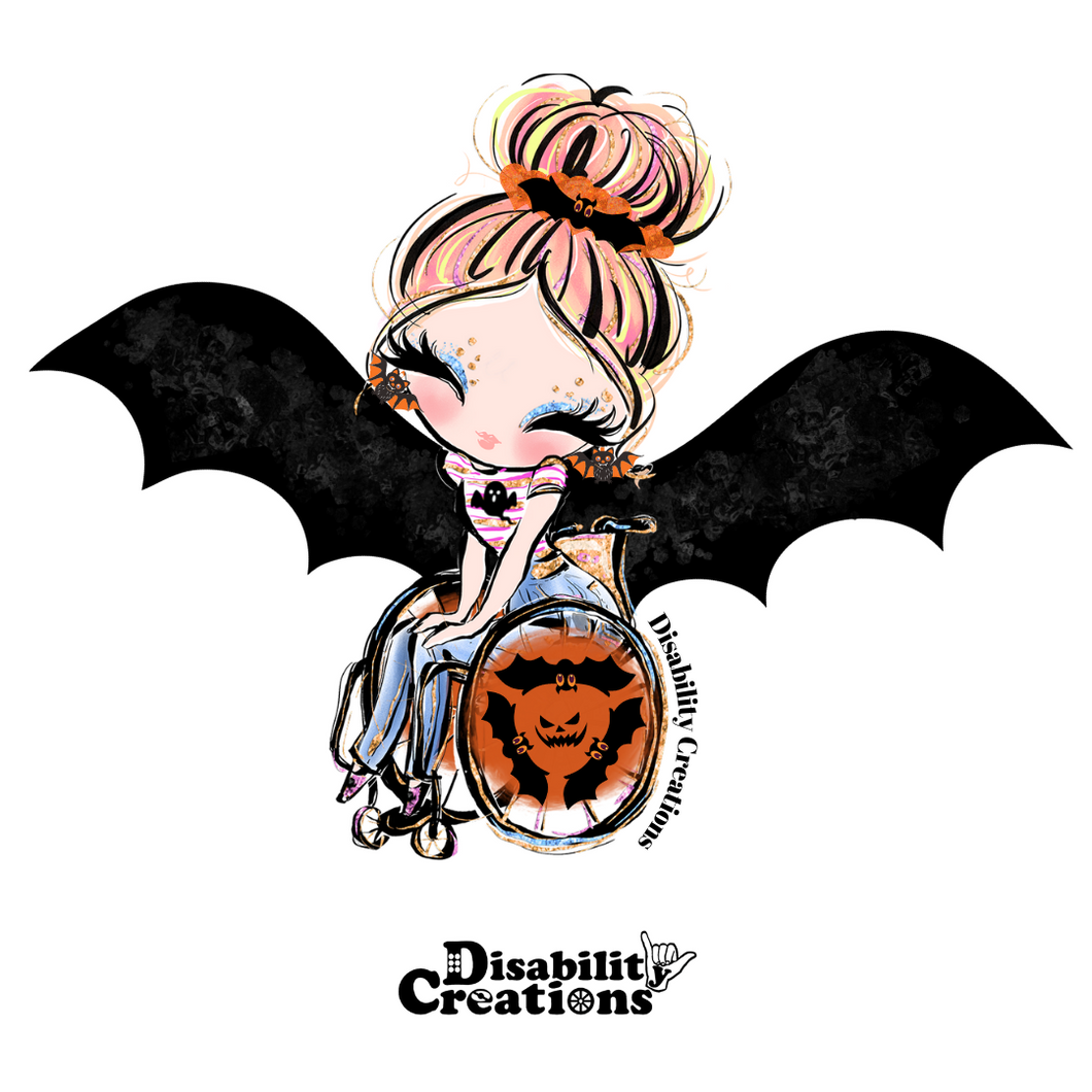 The design of the sticker. A sticker of a lady dressed as a bat, her bat wings are open, and her wheelchair's wheels have three bats shaping a circle and making a pumpkin in the middle.