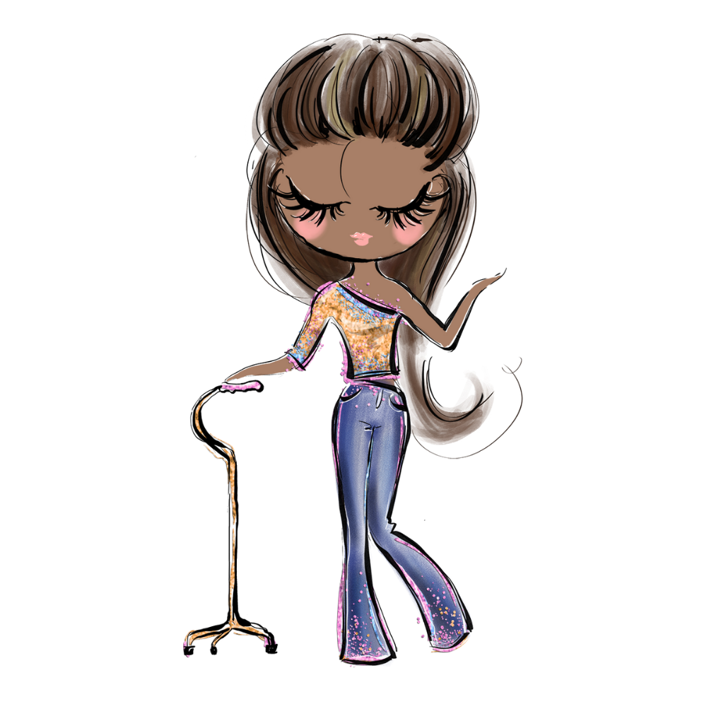 Black Lady With A Cane, Brown Hair Sticker:  A cartoonish drawing of a black woman holding her walking cane with her right hand and left hand is up in the air. She is looking down with pink lips, long eyelashes, long brown hair, wearing a one-shouldered golden top and blue jeans.