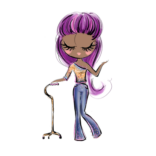 Black Lady With A Cane, Purple Hair Sticker: A cartoonish drawing of a black woman holding her walking cane with her right hand and left hand is up in the air. She is looking down with pink lips, long eyelashes, long purple hair, wearing a one-shouldered golden top and blue jeans.