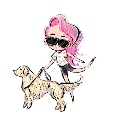 Blind Lady Walking With A Service Animal, Pink Hair Sticker: A cartoonish lady walking with her service animal, a Golden Retriever. Mystical on her tippy toes with her left leg swinging back. She is wearing a white flower shirt with black shorts. Her pink hair is to the side. Her hair and black sunglasses have tints of purple, blue, and blond highlights. 