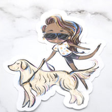 Load image into Gallery viewer, The Blind Lady Walking With Her Service Animal, Black Woman With Brown Hair Sticker on top of a marble table.
