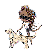 Load image into Gallery viewer, A cartoonish lady is walking with her service animal, a Golden Retriever. She is on her tippy toes with her left leg swinging back. She is wearing a white flower shirt with black shorts. Her brown hair is to the side. Her hair and black sunglasses have tints of purple, blue, pink, and blond highlights.      
