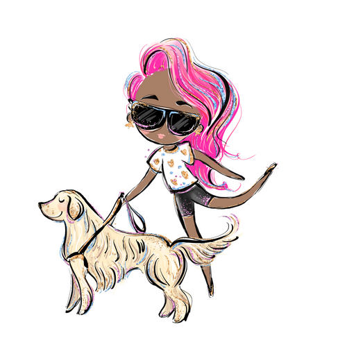 A cartoonish lady is walking with her service animal, a Golden Retriever. She is on her tippy toes with her left leg swinging back. She is wearing a white flower shirt with black shorts. Her pink hair is to the side. Her hair and black sunglasses have tints of purple, blue, and blond highlights.    