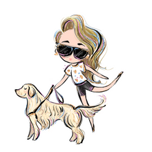 Load image into Gallery viewer, A cartoonish lady is walking with her service animal, a Golden Retriever. She is on her tippy toes with her left leg swinging back. She is wearing a white flower shirt with black shorts, her blond hair is to the side. Her hair and black sunglasses have tints of purple, blue, and pink.    
