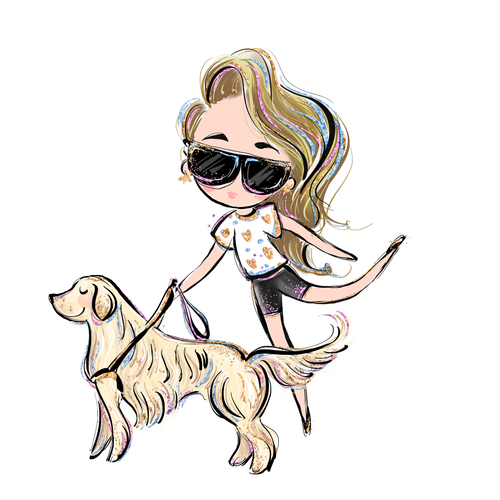 A cartoonish lady is walking with her service animal, a Golden Retriever. She is on her tippy toes with her left leg swinging back. She is wearing a white flower shirt with black shorts, her blond hair is to the side. Her hair and black sunglasses have tints of purple, blue, and pink.    