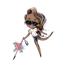 Load image into Gallery viewer, A cartoonish lady with a white cane that has flowers in the middle. She is on her tippy toes with her left leg swinging back. She is wearing a white flower shirt with black shorts. Her brown hair is to the side. Her hair and black sunglasses have tints of purple, blue, pink, and blond highlights.    
