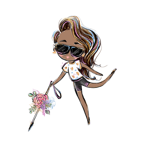 A cartoonish lady with a white cane that has flowers in the middle. She is on her tippy toes with her left leg swinging back. She is wearing a white flower shirt with black shorts. Her brown hair is to the side. Her hair and black sunglasses have tints of purple, blue, pink, and blond highlights.    