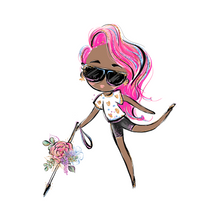 Load image into Gallery viewer, A cartoonish lady is walking with her service animal, a Golden Retriever. She is on her tippy toes with her left leg swinging back. She is wearing a white flower shirt with black shorts. Her pink hair is to the side. Her hair and black sunglasses have tints of purple, blue, and blond highlights.    
