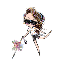 Load image into Gallery viewer, A cartoonish lady is walking with a white cane that has flowers in the middle. She is on her tippy toes with her left leg swinging back. She is wearing a white flower shirt with black shorts. Her brown hair is to the side. Her hair and black sunglasses have tints of purple, blue, pink, and blond highlights.    
