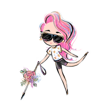 Load image into Gallery viewer, A cartoonish lady is walking with a white cane that has flowers in the middle. She is on her tippy toes with her left leg swinging back. She is wearing a white flower shirt with black shorts. Her pink hair is to the side. Her hair and black sunglasses have tints of purple, blue, and blond highlights.    

