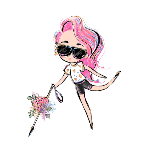 A cartoonish lady is walking with a white cane that has flowers in the middle. She is on her tippy toes with her left leg swinging back. She is wearing a white flower shirt with black shorts. Her pink hair is to the side. Her hair and black sunglasses have tints of purple, blue, and blond highlights.    