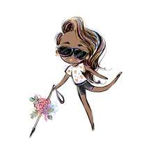 Load image into Gallery viewer, This design of the Blind Woman with a White Cane sticker features the light skin and brown hair option.

