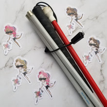 Load image into Gallery viewer, Multiple stickers surround a white cane.
