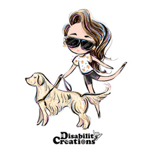 Load image into Gallery viewer, A cartoonish lady walks with her service animal, a Golden Retriever. Mystical on her tippy toes with her left leg swinging back. She is wearing a white flower shirt with black shorts. Her brown hair is to the side. Her hair and black sunglasses have tints of purple, blue, pink, and blond highlights.     
