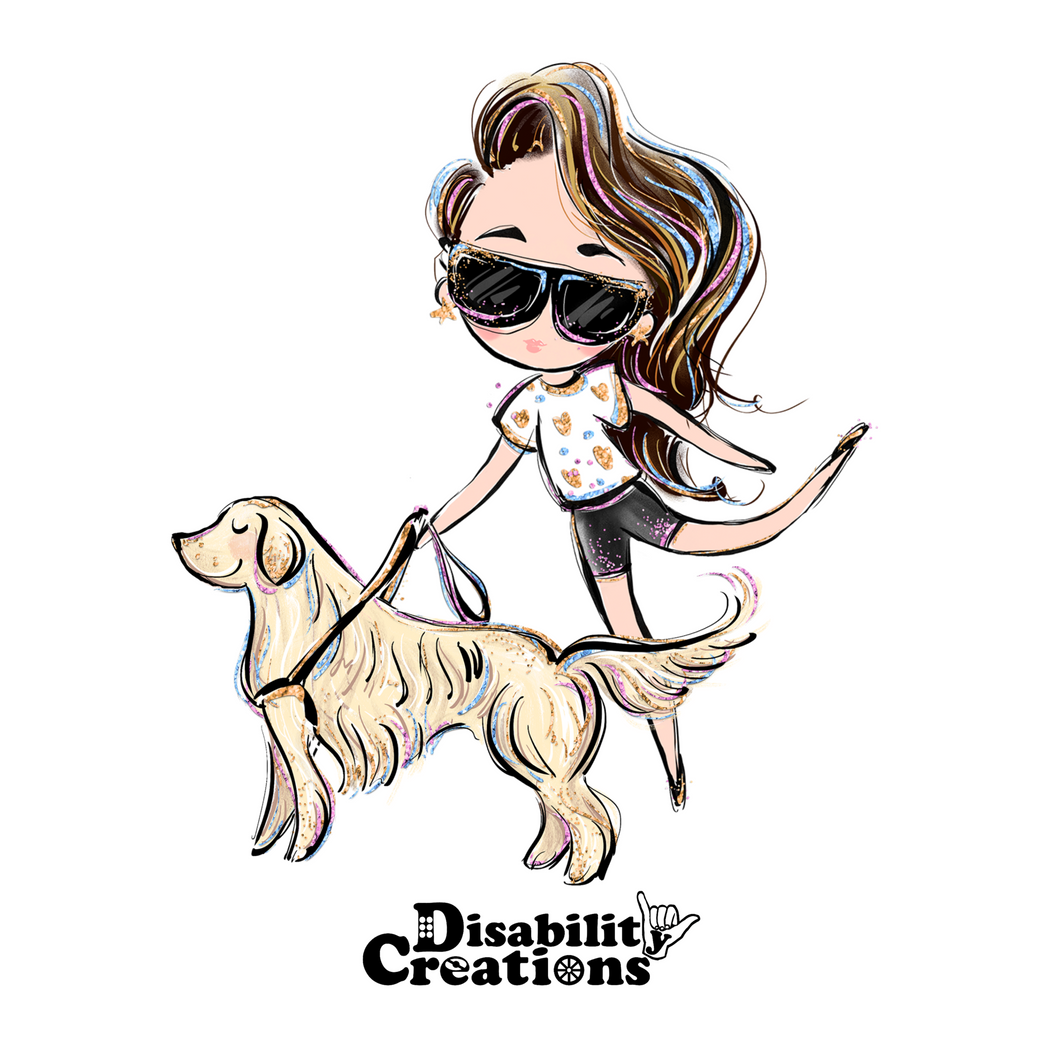 A cartoonish lady walks with her service animal, a Golden Retriever. Mystical on her tippy toes with her left leg swinging back. She is wearing a white flower shirt with black shorts. Her brown hair is to the side. Her hair and black sunglasses have tints of purple, blue, pink, and blond highlights.     