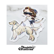 Load image into Gallery viewer, A sticker of the &quot;Blind Lady Walking With A Service Animal, Brown Hair&quot; on top of a white marble table.
