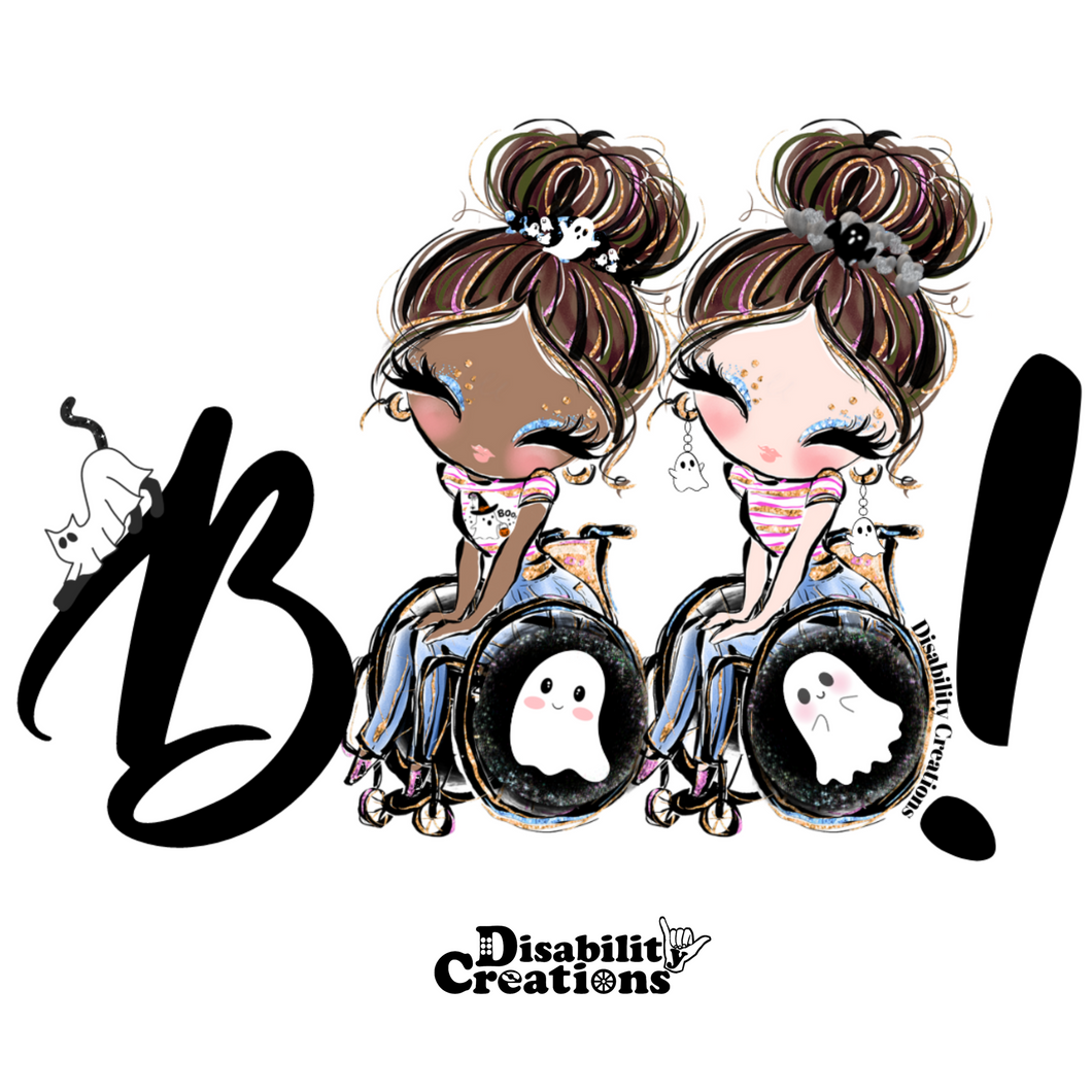 The Boo! shirt design. A white t-shirt that says Boo! with two ladies using their wheelchairs side to side. The letters 