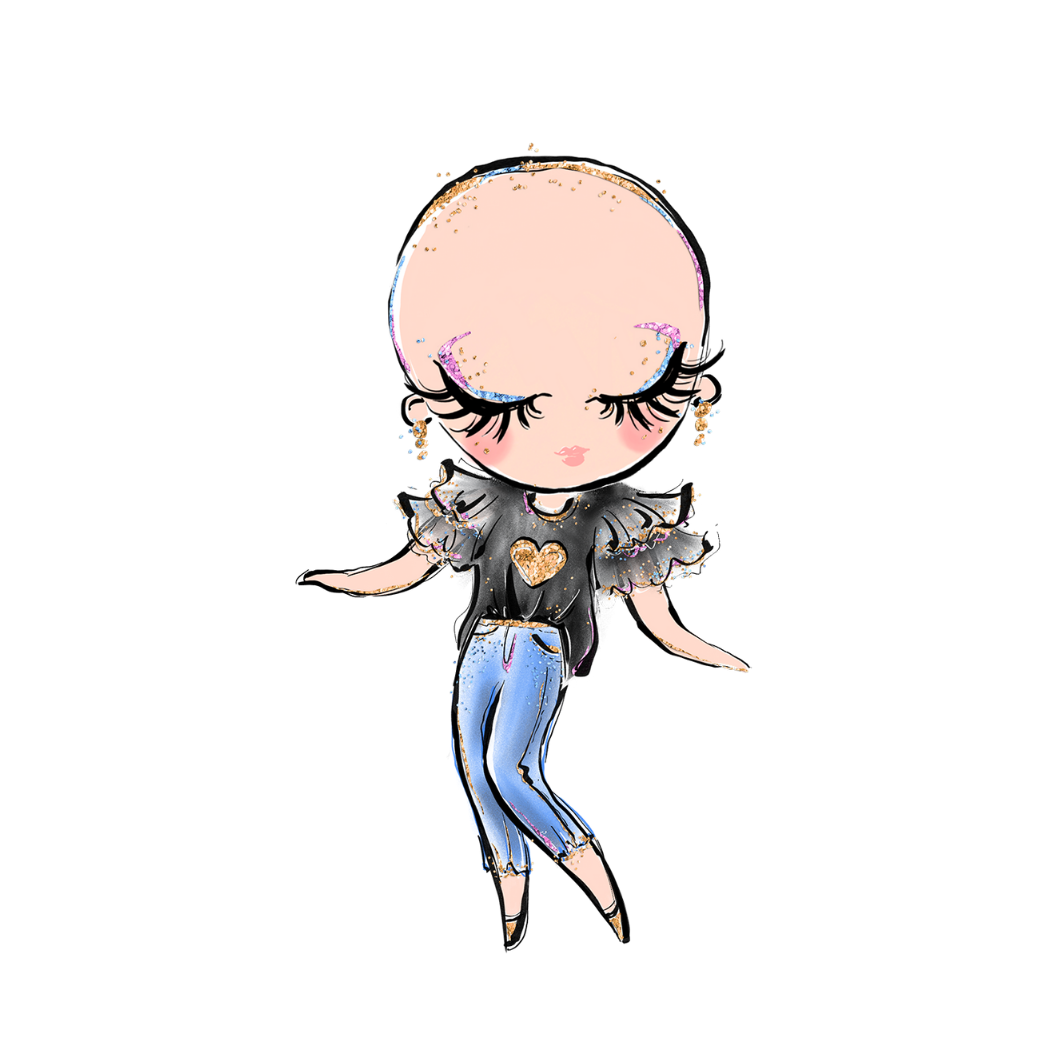 A cartoonish drawing of a dancing, smiling woman with eyes closed. She is wearing blue jeans, a flowy black shirt with a golden heart matching her shoes, belt, and earrings. 