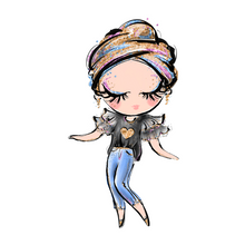 Load image into Gallery viewer, A cartoonish drawing of a dancing, smiling woman with eyes closed. She is wearing blue jeans, a flowy black shirt with a golden heart matching her shoes, belt, and earrings. Her gold hair wrap has tints of blue, pink, and purple highlights.    
