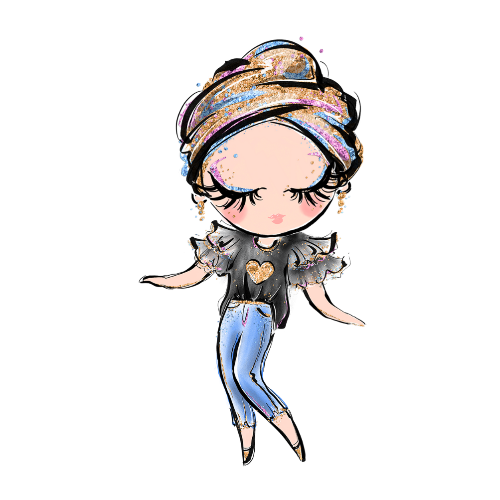 A cartoonish drawing of a dancing, smiling woman with eyes closed. She is wearing blue jeans, a flowy black shirt with a golden heart matching her shoes, belt, and earrings. Her gold hair wrap has tints of blue, pink, and purple highlights.    