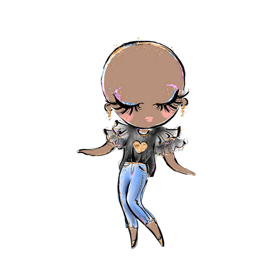 A cartoonish drawing of dancing, smiling black woman with eyes closed. She is wearing blue jeans, a flowy black shirt with a golden heart matching her shoes, belt, and earrings. 