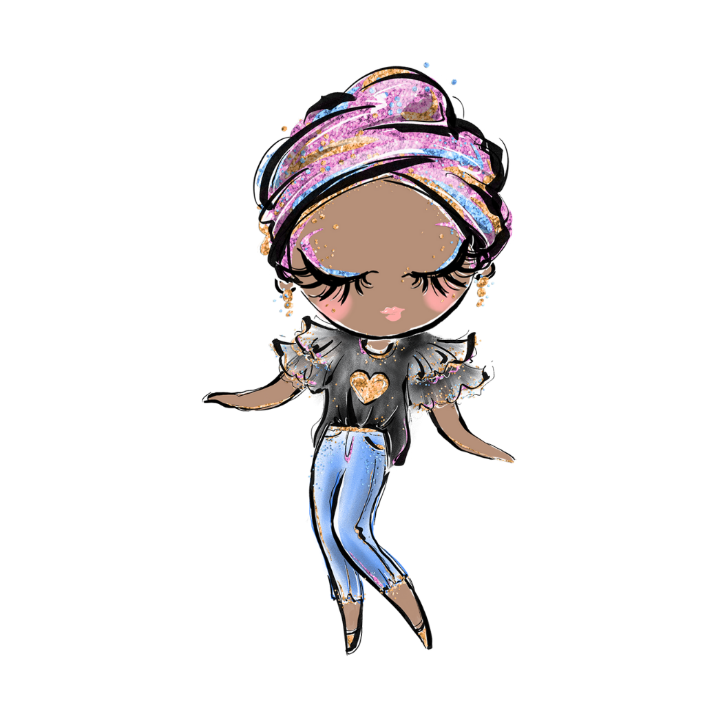 A cartoonish drawing of dancing, smiling black woman with eyes closed. She is wearing blue jeans, a flowy black shirt with a golden heart matching her shoes, belt, and earrings. Her purple hair wrap has tints of blue, pink, and gold highlights.    