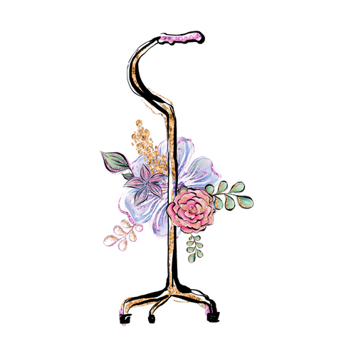A cane with four legs. A flower arrangement in the middle of the shaft.