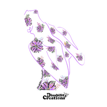 Load image into Gallery viewer, The design of the sticker.  A purple outline of a woman figure with hands resting near her neck facing the sky in distress. Purple flowers throughout her body.  The Disability Creations logo is on the bottom.
