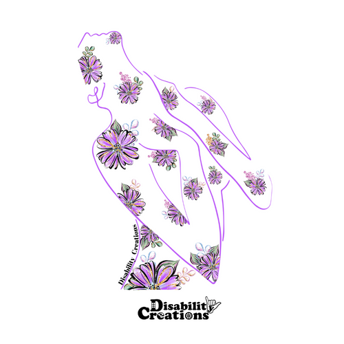 The design of the sticker.  A purple outline of a woman figure with hands resting near her neck facing the sky in distress. Purple flowers throughout her body.  The Disability Creations logo is on the bottom.