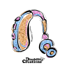 Load image into Gallery viewer, The design of the sticker. A colorful blue, purple, and gold glittery hearing aid sticker. The Disability Creations logo is on the bottom. ⁠ 
