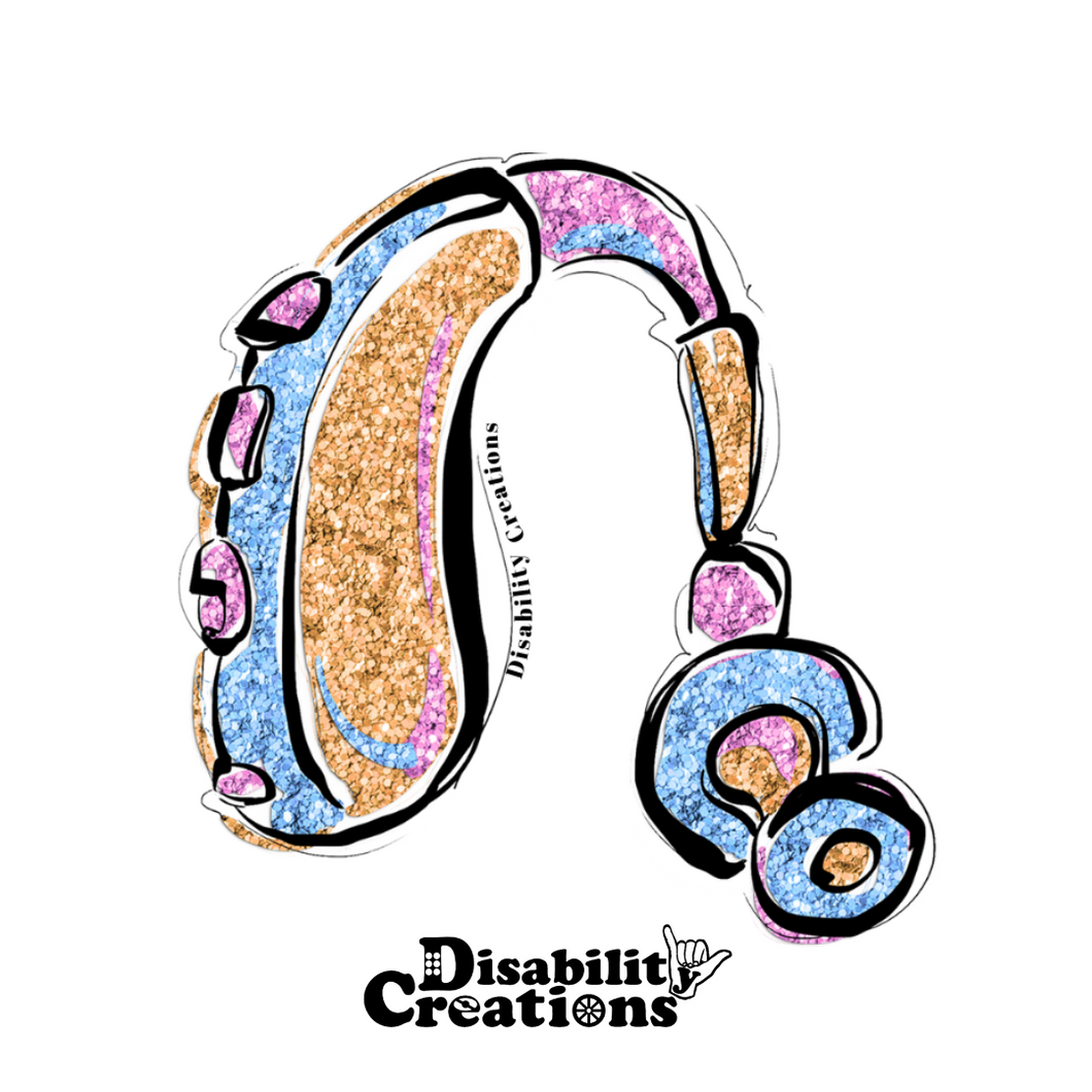 The design of the sticker. A colorful blue, purple, and gold glittery hearing aid sticker. The Disability Creations logo is on the bottom. ⁠ 