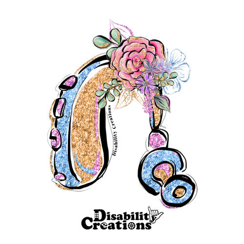 The design of the sticker.  A colorful blue, purple, and gold glittery hearing aid sticker. There is a small collection of flowers at the ear hook.   