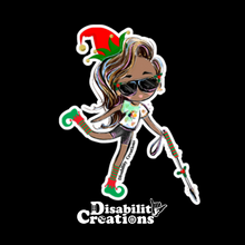 Load image into Gallery viewer, A cartoonish black lady gracefully uses a white cane adorned with Christmas flowers in the middle of the shaft. With her left leg swinging back, she stands on her tippy toes, exuding a joyful spirit. The lady wears an elf hairband and shoes, her brown hair cascading to the side, while her stylish black sunglasses sport delightful purple, blue, and pink tints.   
