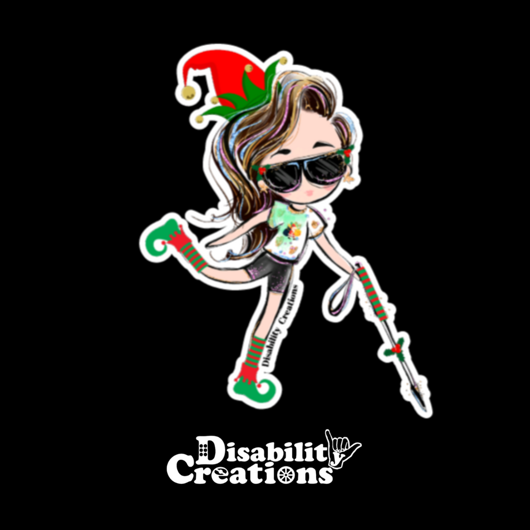 A cartoonish lady gracefully uses a white cane adorned with Christmas flowers in the middle of the shaft. With her left leg swinging back, she stands on her tippy toes, exuding a joyful spirit. The lady wears an elf hairband and shoes, her brown hair cascading to the side, while her stylish black sunglasses sport delightful purple, blue, and pink tints.