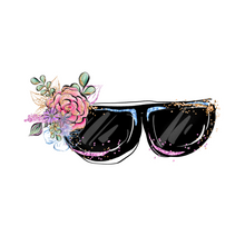 Load image into Gallery viewer, Black eyeglasses with a tint of gold, blue and pink on the frame. There is a small collection of flowers at the left top of the eyeglasses. 
