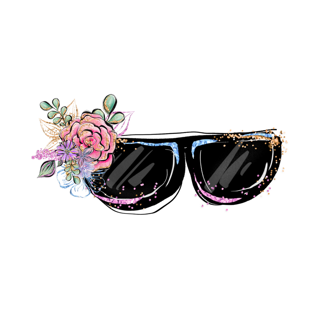 Black eyeglasses with a tint of gold, blue and pink on the frame. There is a small collection of flowers at the left top of the eyeglasses. 