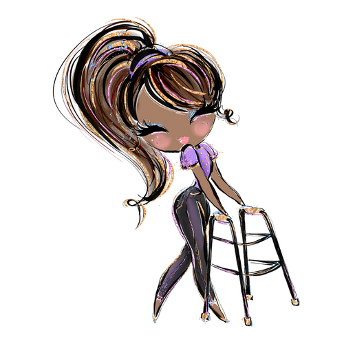 A cartoonish smiling woman with pink lips, flirty eyelashes, a black woman with brown hair tied back using a walker. She is wearing black jeans and a purple hair tie that matches her shirt.
