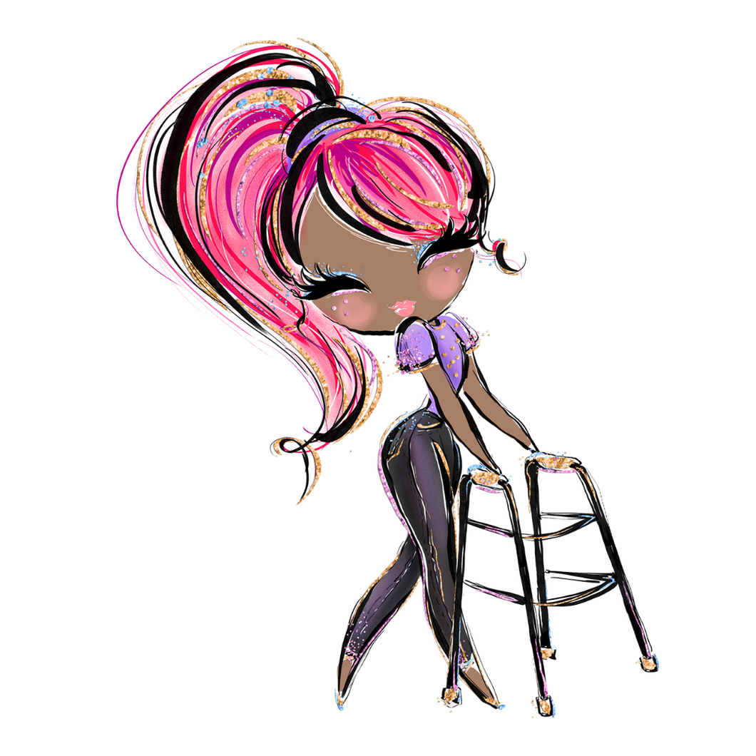 A cartoonish smiling woman with pink lips, flirty eyelashes, a black woman with pink hair tied back using a walker. She is wearing black jeans and a purple hair tie that matches her shirt.