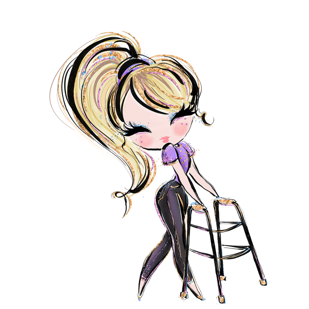 A cartoonish smiling woman with pink lips, flirty eyelashes, blond hair tied back using a walker. She is wearing black jeans and a purple hair tie that matches her shirt.