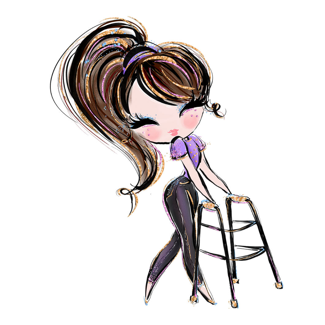 A cartoonish smiling woman with pink lips, flirty eyelashes, brown hair tied back using a walker. She is wearing black jeans and a purple hair tie that matches her shirt.