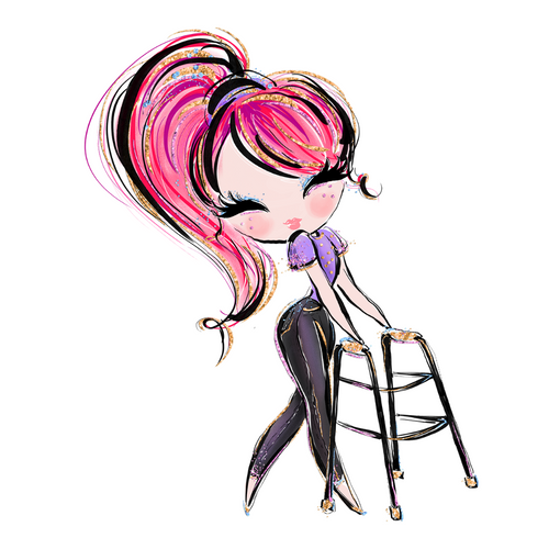 A cartoonish smiling woman with pink lips, flirty eyelashes, pink hair tied back using a walker. She is wearing black jeans and a purple hair tie that matches her shirt.