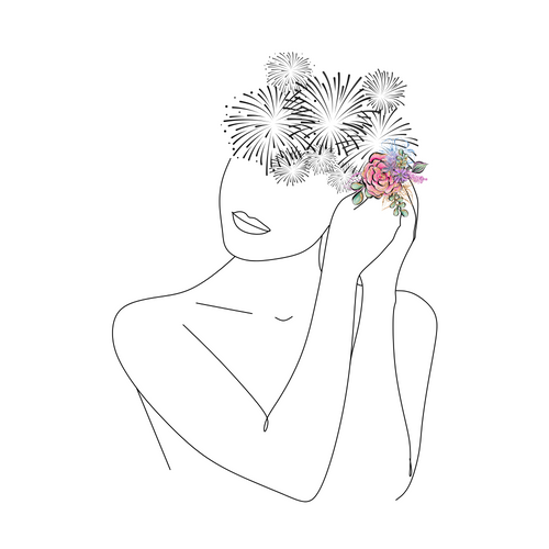 Minimal line illustration of a portrait of a woman using her hands to place a flower behind her. Replacing the top of her head are black fireworks expressing a migraine. 