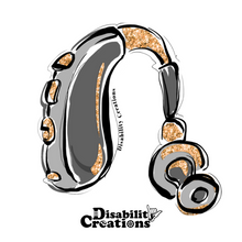 Load image into Gallery viewer, The design of the sticker. A grey and gold hearing aid. 
