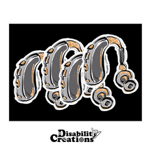Load image into Gallery viewer, Four Grey and Gold Hearing Aid Sticker on a black background sticker. The Disability Creations logo is on the bottom. ⁠ 
