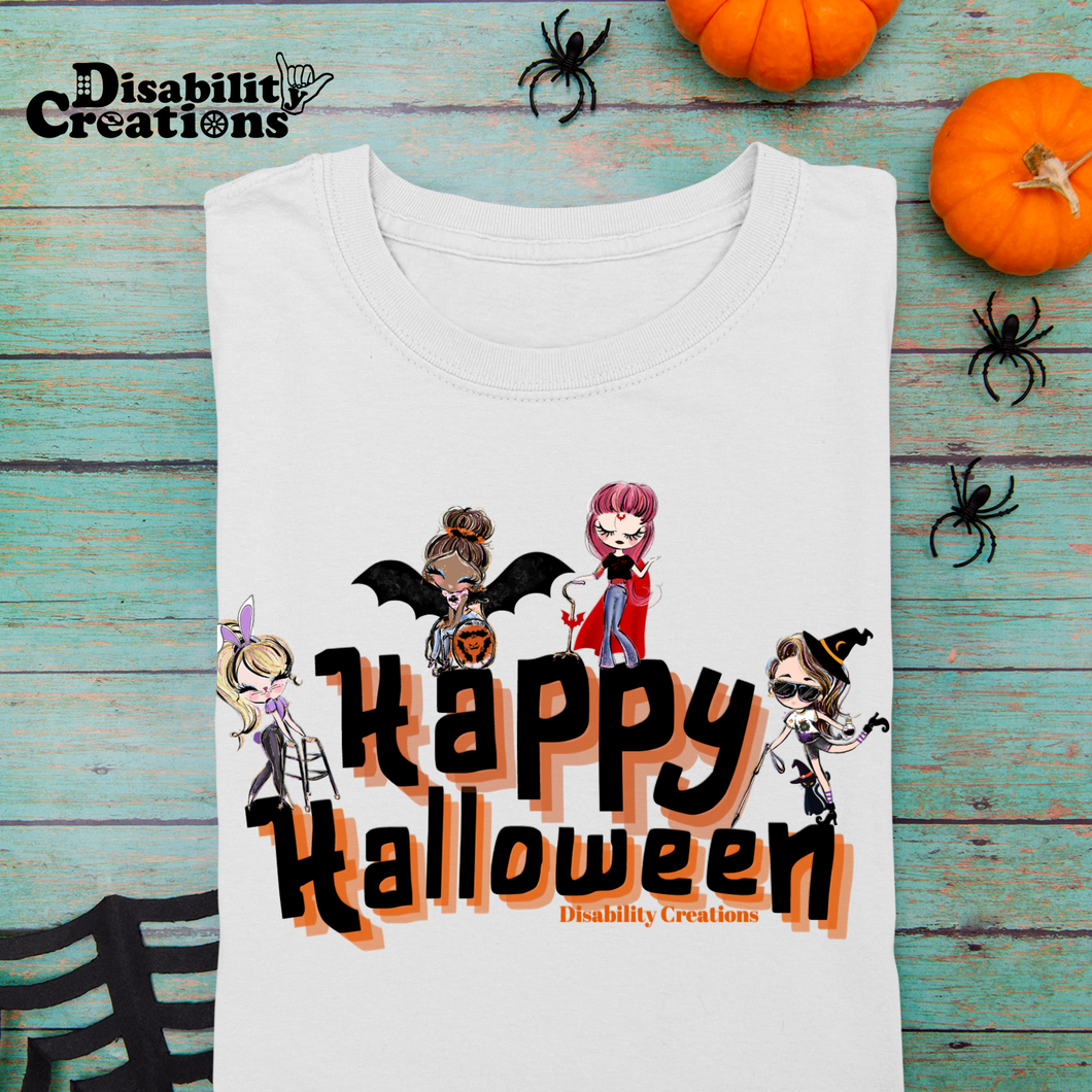 A folded shirt next to Halloween decor, spiders, pumpkins and spider web..