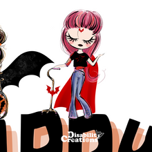 Load image into Gallery viewer, A closer look of the lady in a vampire costume using her cane on top of the letter "P" for Happy.
