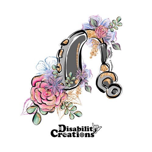 The design of the Hearing aid with flowers. A grey and gold hearing aid. There is a small collection of flowers at the ear hook and Amplifier.  